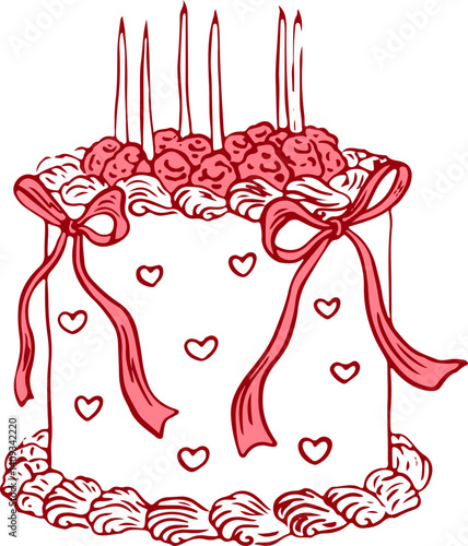 Hand drawn coquette vintage cake with strawberry, bows and candles. Sweet bakery dessert with cute girly aesthetic element for Valentines day, wedding invitation, birthday. Doodle vector illustration.