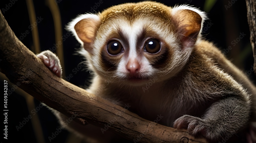 Fototapeta premium Slender loris thrives in the dark canopy, making it a prized subject for wildlife photography.