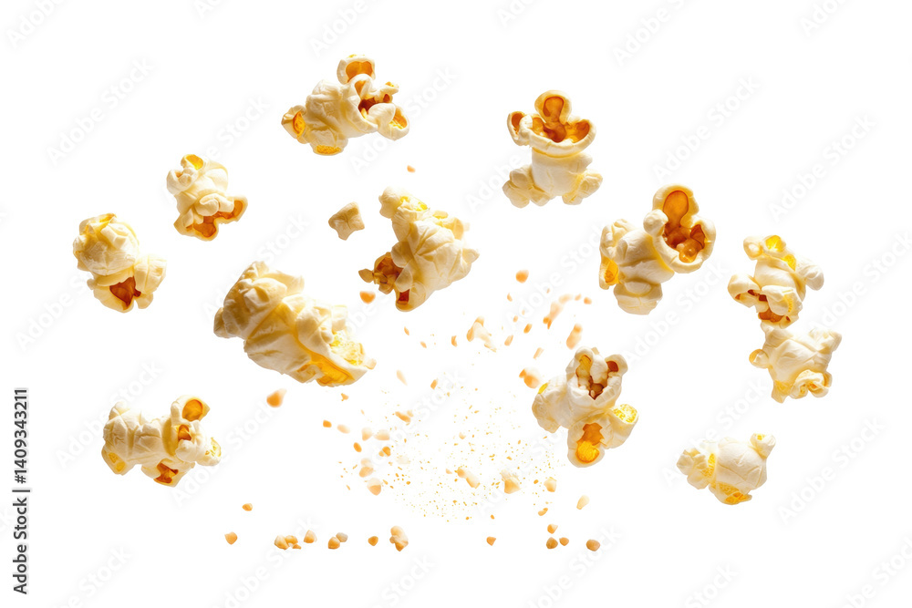 Flying Pieces of Popped Popcorn on a Transparent Background Ideal for Snack or Movie Theme Flying Pieces of Popped Popcorn on a Transparent Background Ideal for Snack or Movie Theme