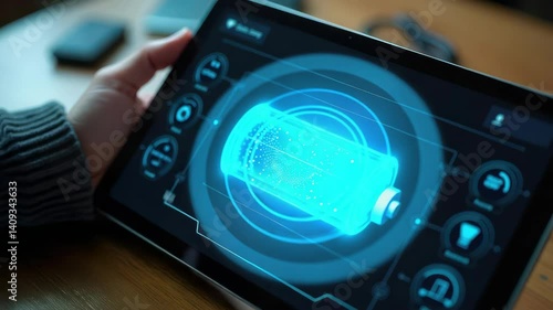 Wallpaper Mural A person interacts with a tablet displaying a futuristic battery interface, showcasing innovative energy solutions. Torontodigital.ca