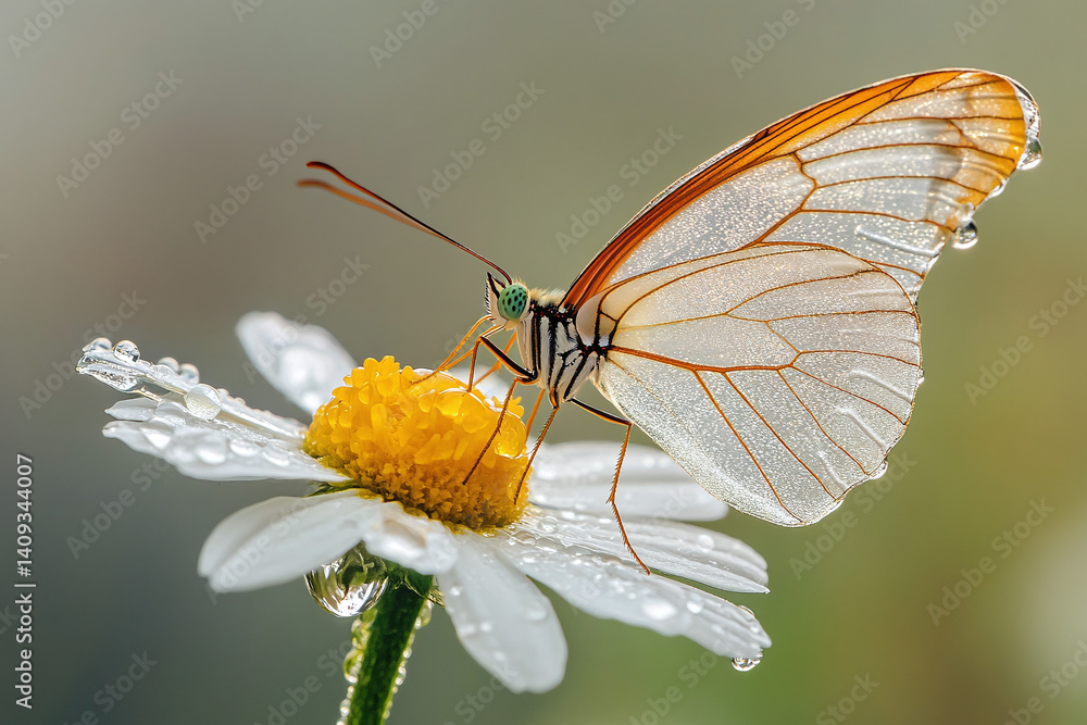 Obraz premium Detailed morning photo of butterfly with clear wings sitting on daisy flower with visible dew and soft focus