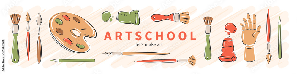 Fototapeta premium Art school. Set of art supplies, creative hobby accessories. Modern design poster for banner, cover, ads, marketing. Vector illustration