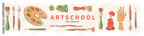 Art school. Set of art supplies, creative hobby accessories. Modern design poster for banner, cover, ads, marketing. Vector illustration