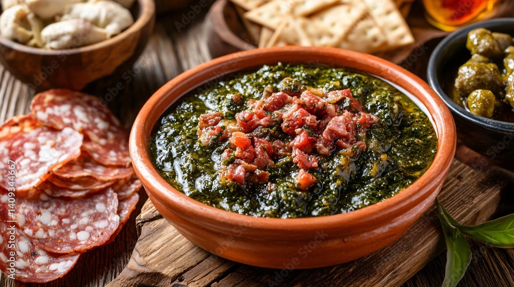 Mojo verde served with traditional Spanish tapas ingredients on rustic wood Mojo verde served with traditional Spanish tapas ingredients on rustic wood