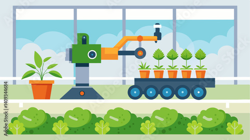 In a hydroponic farm a robotic harvester moves effortlessly along the vertical plant structures collecting fresh herbs and vegetables with minimal human intervention.. Vector illustration