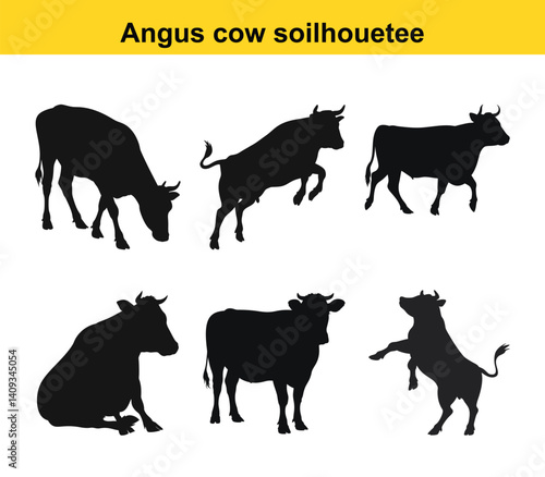 Vector Angus Cattle Silhouettes Collection Isolated On White Background Farming And Livestock Breeds In Various Poses Black And White Icon Design Resource