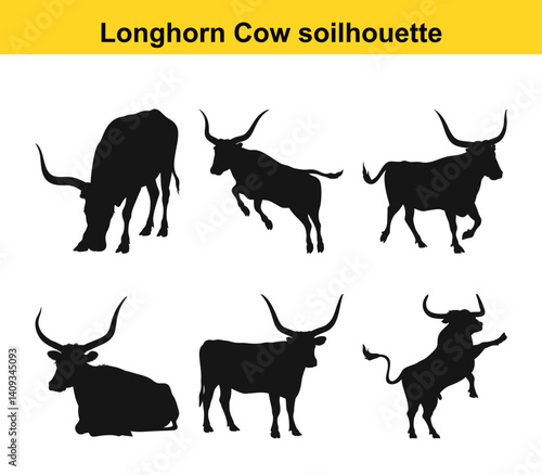 Longhorn Cattle Silhouette Vector Collection Of Diverse Poses Farm Animal Graphics For Design Projects Ranging From Grazing To Reclining Isolated On White Background