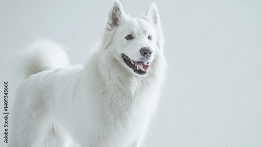 Fototapeta premium Samoyed Purity: A pristine Samoyed dog radiates elegance and grace with its pure white coat, capturing attention in a stunning, studio-lit portrait.