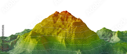 Digital Elevation Model (DEM): Gradient Grid computation, slope(aspect) mapping, and visualization with elevation levels. Isolated on transparent background. 3d illustration.