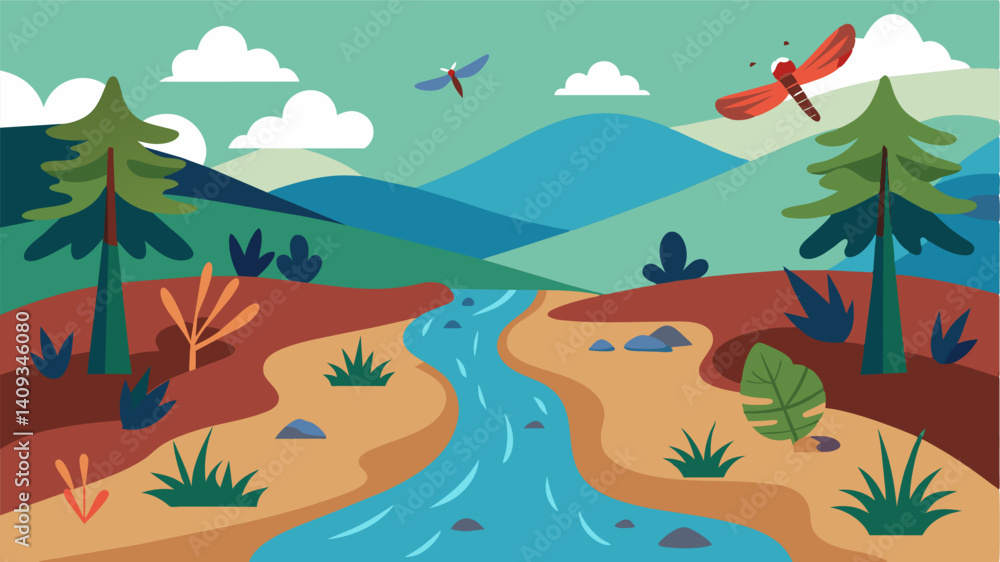 Obraz premium The absence of dragonflies birds and other waterdependent creatures that once inhabited the stream is a heartbreaking example of the consequences of water scarcity in the forest.. Vector illustration