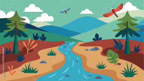The absence of dragonflies birds and other waterdependent creatures that once inhabited the stream is a heartbreaking example of the consequences of water scarcity in the forest.. Vector illustration