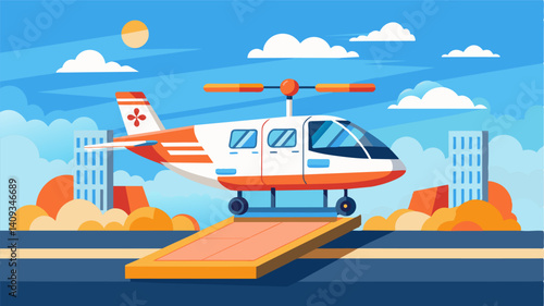 With a smooth landing the air taxi gracefully touched down on the designated landing pad ready to release its passengers and quickly take off with new travelers.. Vector illustration