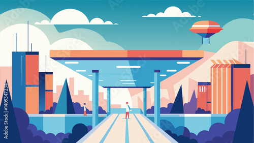 The eVTOLs move seamlessly through the openair structure providing a breathtaking view of the sprawling retail complex beneath them.. Vector illustration