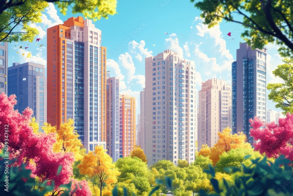 Obraz premium Building Landscape. City Skyline with High-rise Buildings in Urban Residential Community