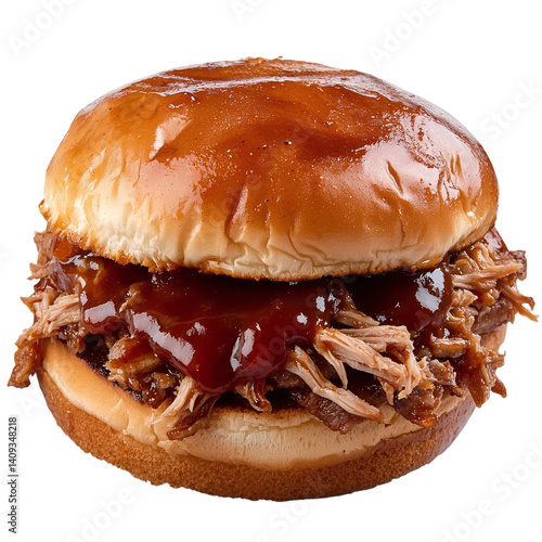 Barbecue pulled pork sandwich with sauce isolated on transparent background.