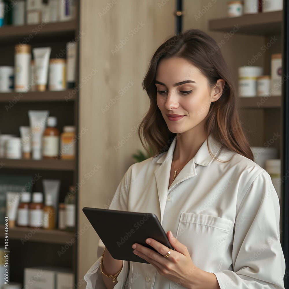 confident pharmacist using a digital tablet in a modern pharmacy confident pharmacist using a digital tablet in a modern pharmacy