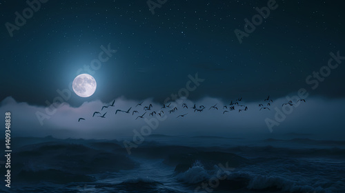 Serene night over the ocean with a bright moon and flying birds Generative AI