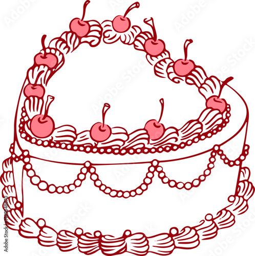 Hand drawn coquette vintage cake with cherry, bows and ribbons. Sweet bakery dessert with cute girly aesthetic element for Valentines day, wedding invitation, birthday. Doodle vector illustration.