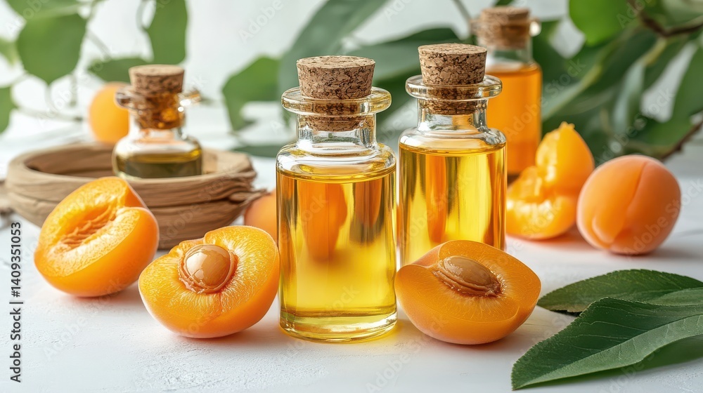 Bottles of Beauty Oils Surrounded by Fresh Apricots Perfect for Skincare and Wellness Promotion Bottles of Beauty Oils Surrounded by Fresh Apricots Perfect for Skincare and Wellness Promotion