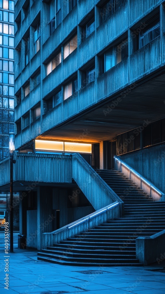 Fototapeta premium Illuminated brutalist structure urban landscape architectural photography nighttime glow high-fidelity visuals