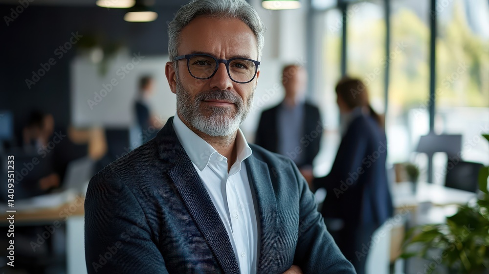 Fototapeta premium Businessman At Work. Professional Adult Working Inside with Colleagues in Office