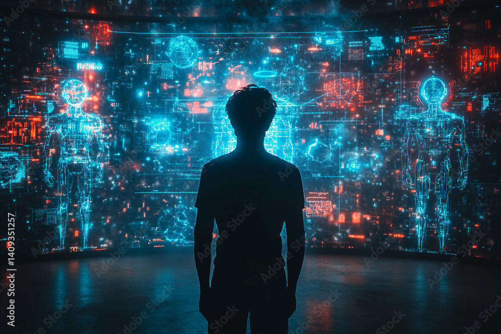 Futuristic artificial intelligence humanoid interacting with a virtual reality holographic interface in a sci-fi city Futuristic artificial intelligence humanoid interacting with a virtual reality holographic interface in a sci-fi city