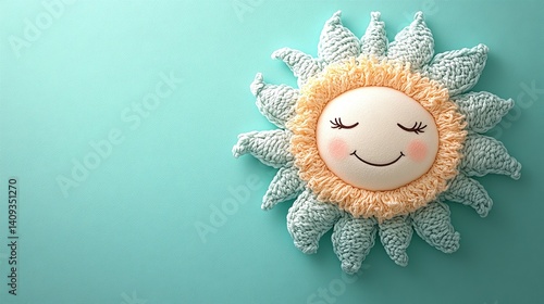 Generative AI Image of Happy Cute Sun Knitted Craft with Empty Space on Blue Background