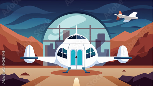 A white eVTOL waited patiently in front of a shimmering dome marking the entrance of the colonys central hub where colonists could meet and socialize.. Vector illustration