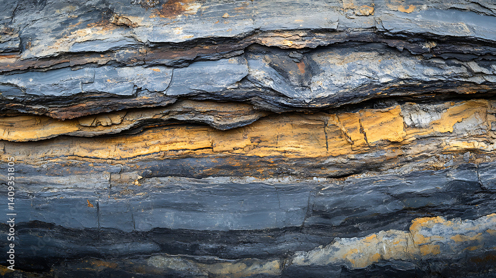 A cross section of shale rock with visible oil bearing layers. Featuring geological composition and resource potential