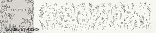 Floral set Branch, Flower, Leaf. Hand drawn elegant botanical line art wedding herb, leaves. Vector illustration for label, logo, tattoo, wedding invitation, wreath, border, save the date card