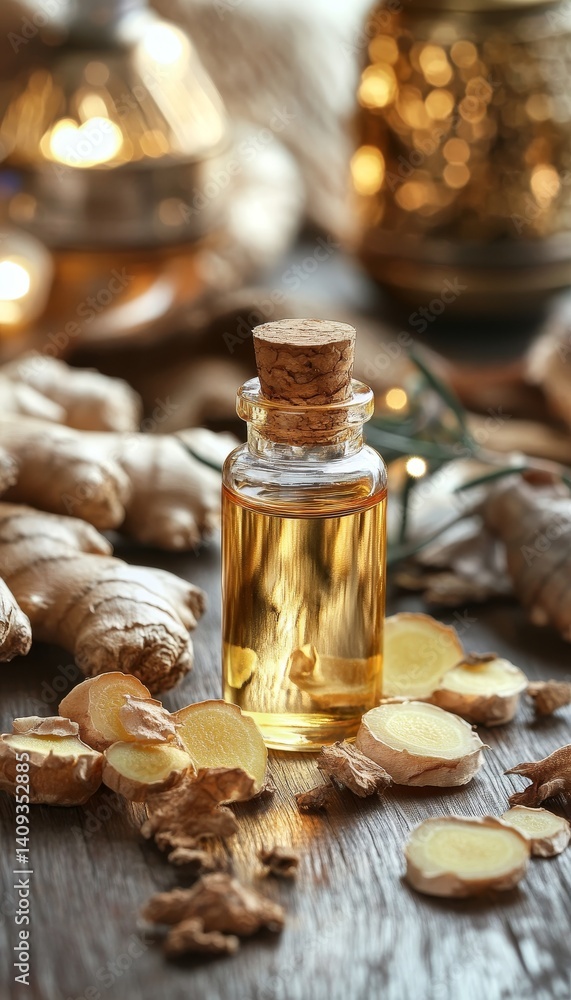 Ginger Essential Oil, Fresh Ginger Root and Dried Ginger Pieces on Rustic Wooden Table Ginger Essential Oil, Fresh Ginger Root and Dried Ginger Pieces on Rustic Wooden Table