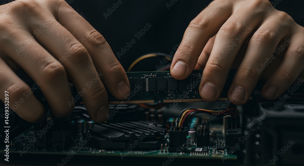 Hands carefully installing computer circuit board component Hands carefully installing computer circuit board component