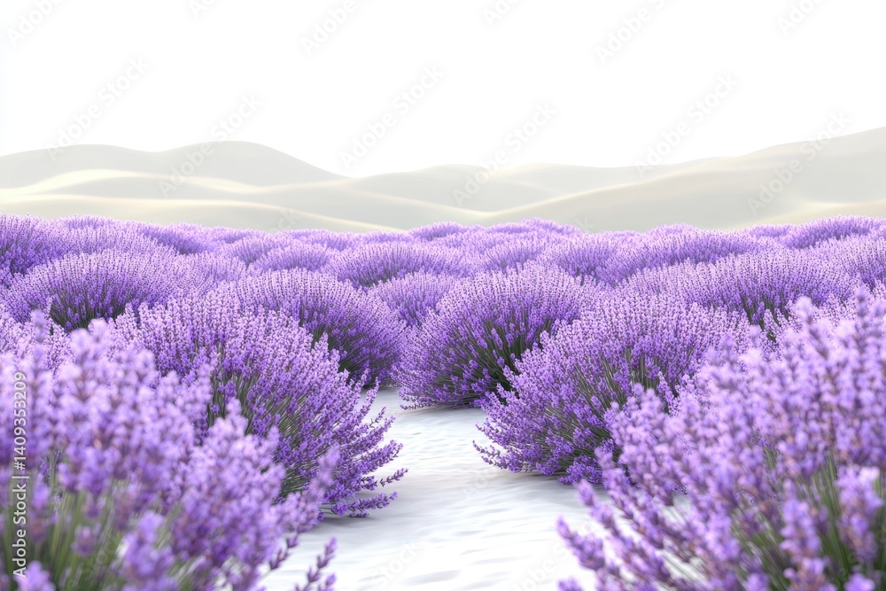 Fototapeta premium Lavender Field: A serene landscape showcases rows of vibrant lavender flowers, stretching towards the soft, hazy background of rolling hills, conveying tranquility.