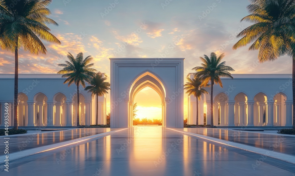 Fototapeta premium Sunset at the Grand Archway: A Serene Oasis