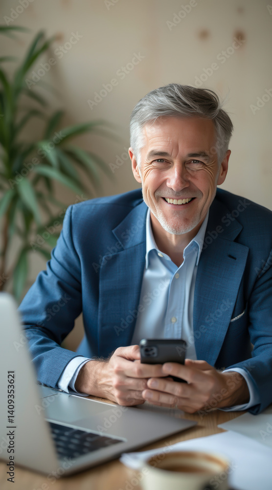 joyful mature businessman in suit smiling while using smartphone at his desk joyful mature businessman in suit smiling while using smartphone at his desk