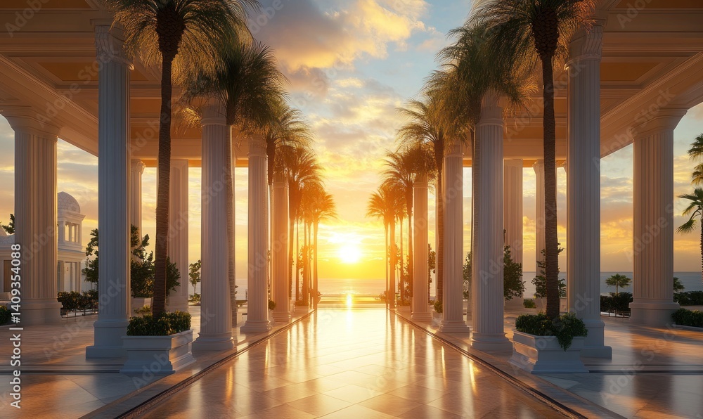 Fototapeta premium Majestic Sunset at a Tropical Resort: Columns, Palms, and Golden Hour
