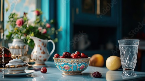 Wallpaper Mural Elegant Table Setting with Decorative Bowl of Strawberries and Glass Torontodigital.ca