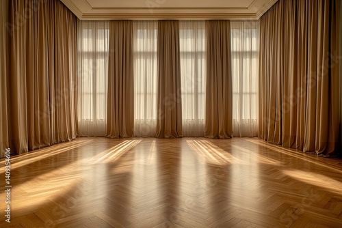 High-resolution photograph of a spacious, empty room featuring herringbone wood floor and light brown curtain-covered walls, illuminated by soft lighting and warm tones.