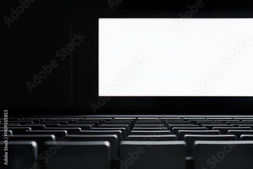 Photo of an empty movie theater featuring rows of seats and a large white screen, with no people visible. Web banner design with copy space on the right, ideal for promotional or advertising use.