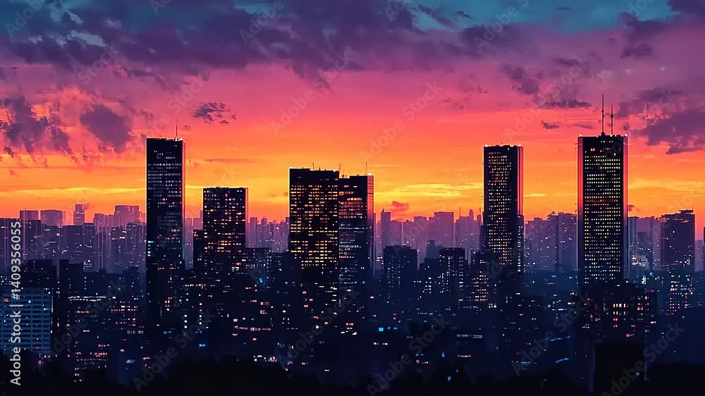 Vibrant city skyline at sunset with colorful clouds, showcasing urban life and evening tranquility Vibrant city skyline at sunset with colorful clouds, showcasing urban life and evening tranquility
