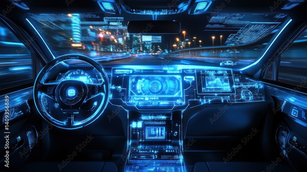 Obraz premium Futuristic autonomous car interior, night driving, city lights, digital dashboard
