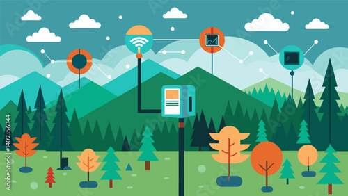 Obraz na płótnie A network of sensors tered throughout the forests collects data on air quality water levels and soil moisture to monitor climate change and its impact on local ecosystems.. Vector illustration w salonie