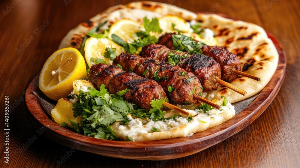 Grilled Meat Skewers with Fresh Herbs and Lemon Slices