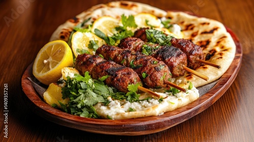 Obraz na płótnie Grilled Meat Skewers with Fresh Herbs and Lemon Slices w salonie