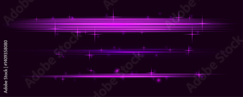 Set of purple horizontal highlights of abstract glowing stars and twinkles. Glowing purple, pink light effects isolated on transparent background. Laser beams, light rays.