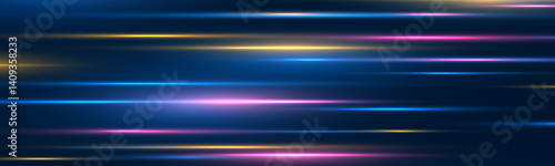 Magical fast-moving lines with laser beams and particle motion effects, glowing neon red and blue lights, abstract lens flares, and sparkling beams create a dynamic sense of acceleration and energy.	