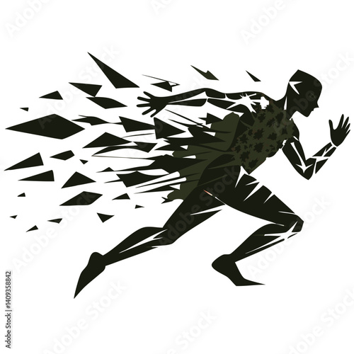 Powerful female athlete runs fragmented design dark olive tones speed abstract art