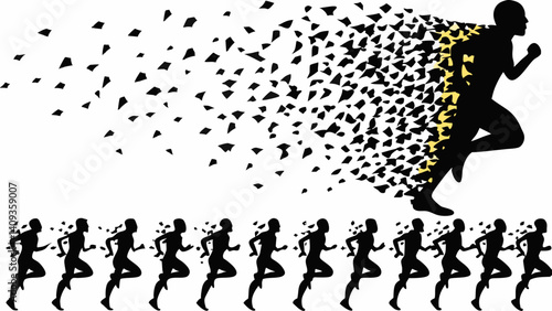 A runner disintegrating leaving a trail of fragments symbolizing the intense effort and limits of