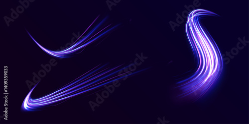 Rotating dynamic neon circle. Colored shiny sparks of spiral wave. Lines in the shape of a comet against a dark background. The effect of energy and speed. Vector.	