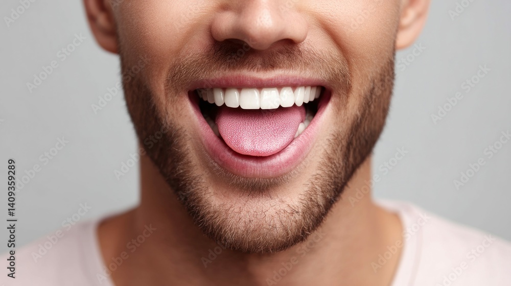 A close-up captures a man's open mouth, revealing his teeth and tongue against a neutral background. The man has a groomed beard, adding visual texture to the portrait. A close-up captures a man's open mouth, revealing his teeth and tongue against a neutral background. The man has a groomed beard, adding visual texture to the portrait.